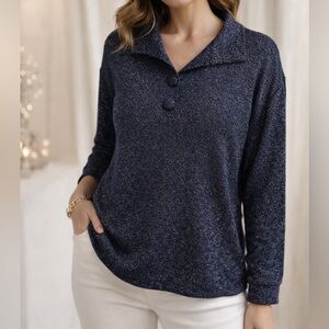Naif Metallic Knit Top XL Navy Sparkle Collared Pullover Stretch NWT
